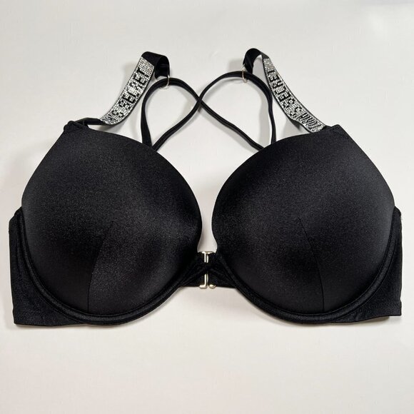 Victoria Secret 38D Bombshell Push Up Bikini Top Shine Strap LOGO Black